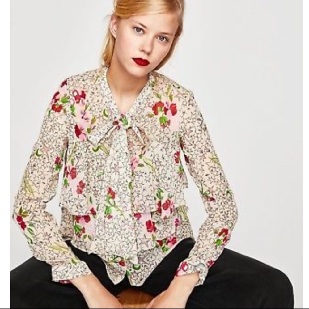 Zara Ruffled Star Floral Tie-Neck L/S Blouse M - Picture 2 of 8